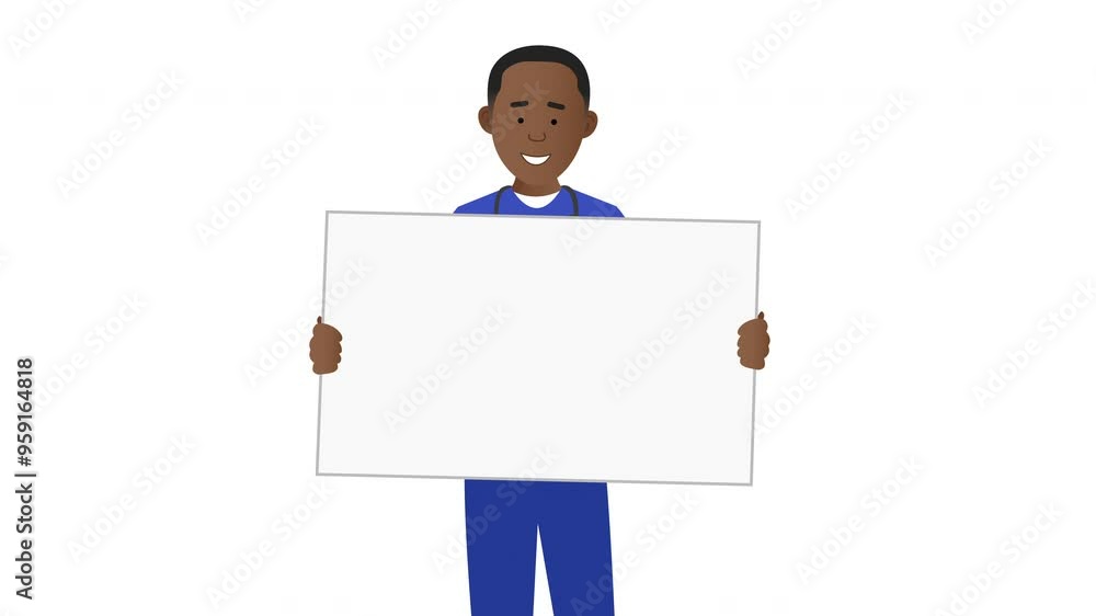 2D Illustrated male black nurse man vector character holding a blank placard sign and smiling animation. On white background. 2D Illustrated male black nurse man vector character holding a blank placard sign and smiling animation. On white background.
