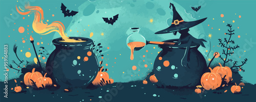 Cauldron with a witch stirring potion. Vector flat isolated.