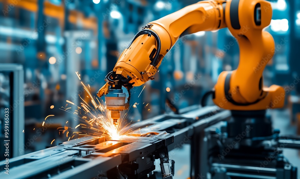 Industrial Robot Arm Welding Metal with Sparks Industrial Robot Arm Welding Metal with Sparks