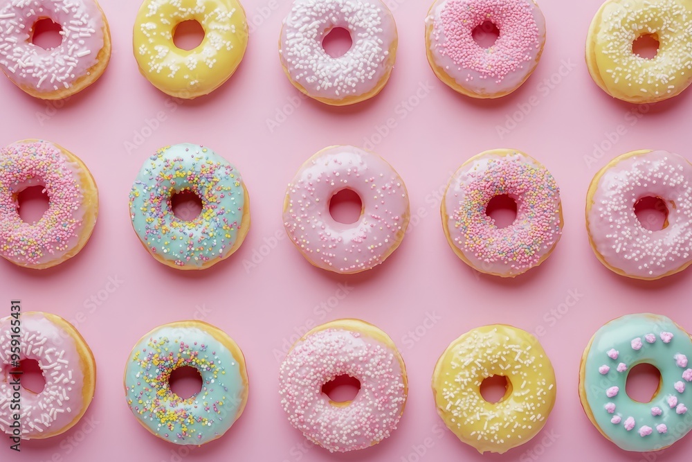 A playful arrangement of colorful donuts topped with pastel frosting and sprinkles, beautifully displayed against a pink backdrop, making them a festive treat for celebrations or special occasions A playful arrangement of colorful donuts topped with pastel frosting and sprinkles, beautifully displayed against a pink backdrop, making them a festive treat for celebrations or special occasions