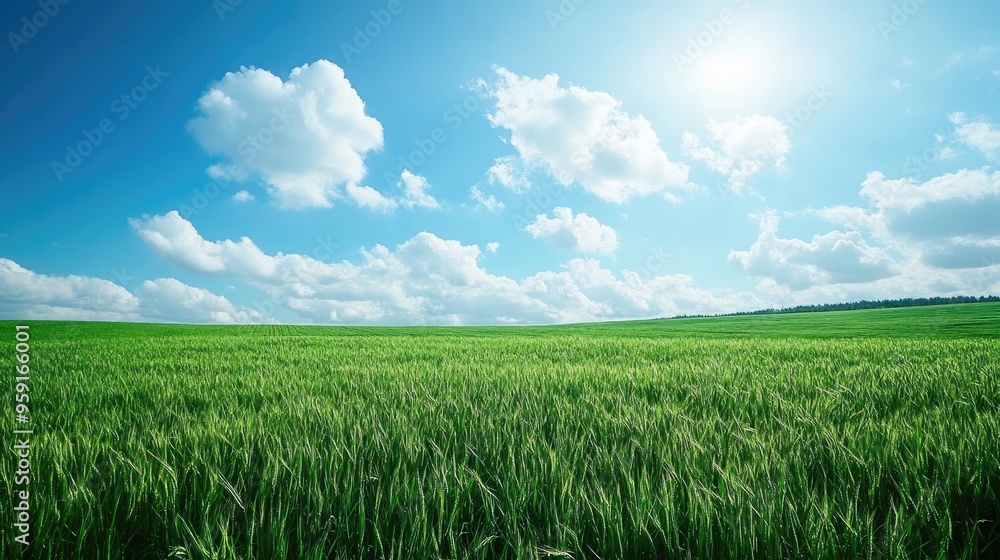 Vast green fields under a clear blue sky with soft white clouds, capturing a peaceful and idyllic scene. Vast green fields under a clear blue sky with soft white clouds, capturing a peaceful and idyllic scene.