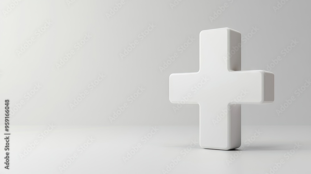 Fototapeta premium White plus sign under magnification, with copy space for emphasizing positive mindset and healthcare benefits, 3D rendered in a clean, modern style.