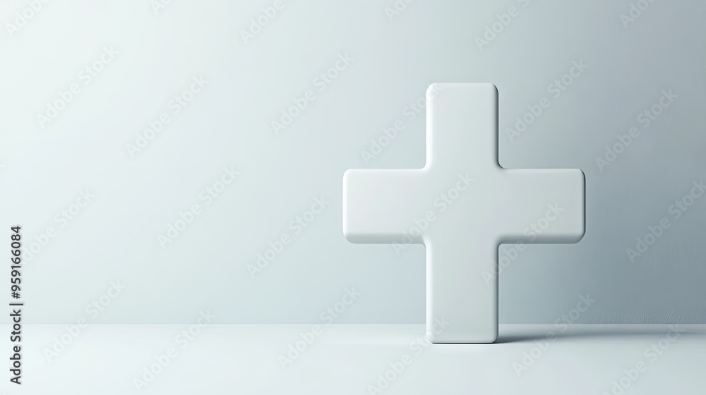 Fototapeta premium White plus sign under magnification, with copy space for emphasizing positive mindset and healthcare benefits, 3D rendered in a clean, modern style.