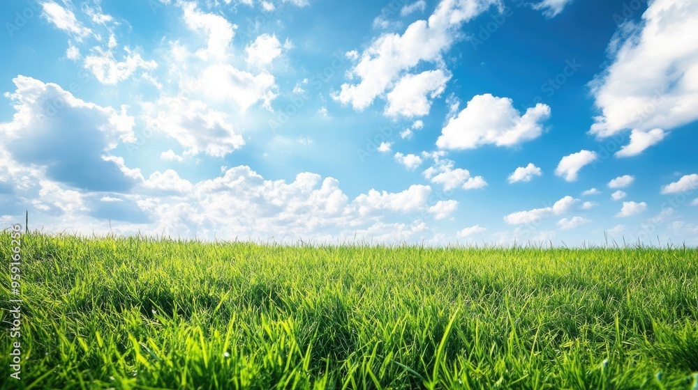 Wide-open field of green grass under a blue sky with white clouds, capturing the essence of a perfect day. Wide-open field of green grass under a blue sky with white clouds, capturing the essence of a perfect day.