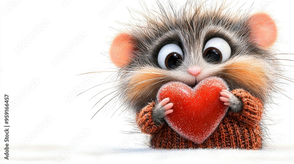 A small rat holds a red heart, surprised A small rat holds a red heart, surprised