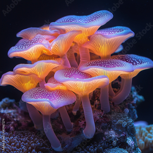 Bioluminescent mushrooms glowing softly in an enchanting underwater scene

 photo