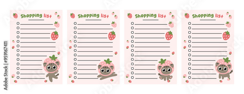 Shopping list template set. Cute pink grocery list with cat and strawberry illustrations.