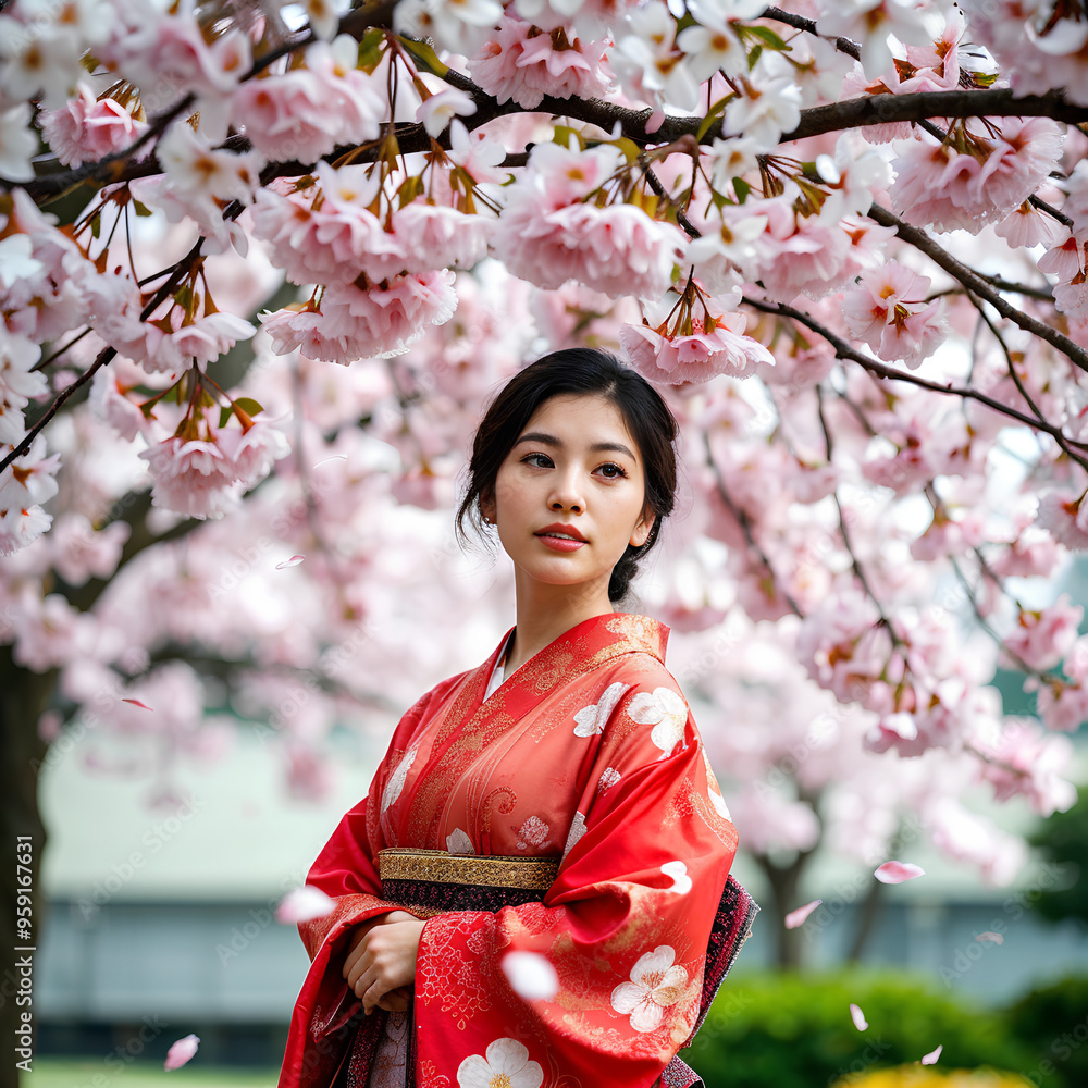A Japanese model in a vibrant kimono stands under blooming cherry blossoms, with petals drifting in the wind. A Japanese model in a vibrant kimono stands under blooming cherry blossoms, with petals drifting in the wind.