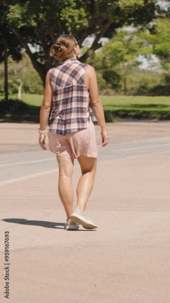 Vertical video. Woman crosses a Sunny Park Road, glancing back with a Smile, surrounded by Greenery and Open Space. Slow motion. Vertical video. Woman crosses a Sunny Park Road, glancing back with a Smile, surrounded by Greenery and Open Space. Slow motion.