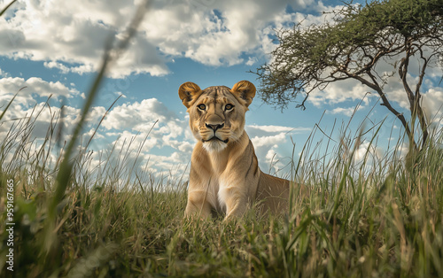 Lone lioness sitting in the savanna, bathed in the warm glow of the setting sun

 photo