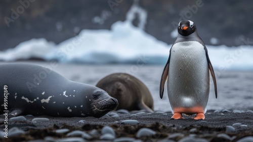 Gentoo penguins standing next to elephant seals at Hannah Point, Livingston Island, Antarctica photo