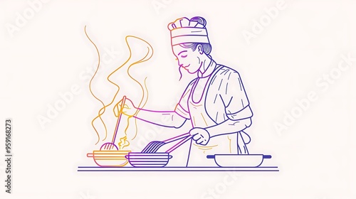 Line illustration of a person cooking on a solid white background. 32k, full ultra HD, high resolution