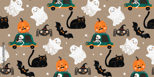 Funny seamless pattern with cute halloween characters.Cartoon background with skeleton in a car, pumpkin, spider in a hat, black cat, ghosts and a bat.Vector design for printing on fabric and paper.
