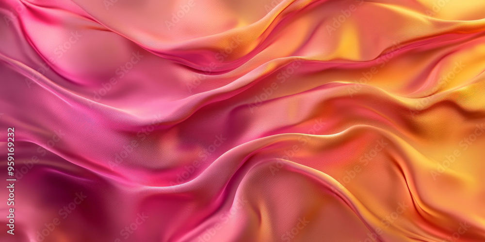 Fototapeta premium A modern abstract background with 3D wave gradients of silk fabric in vibrant pink and gold. The flowing fabric adds a dynamic, energetic quality to the scene.