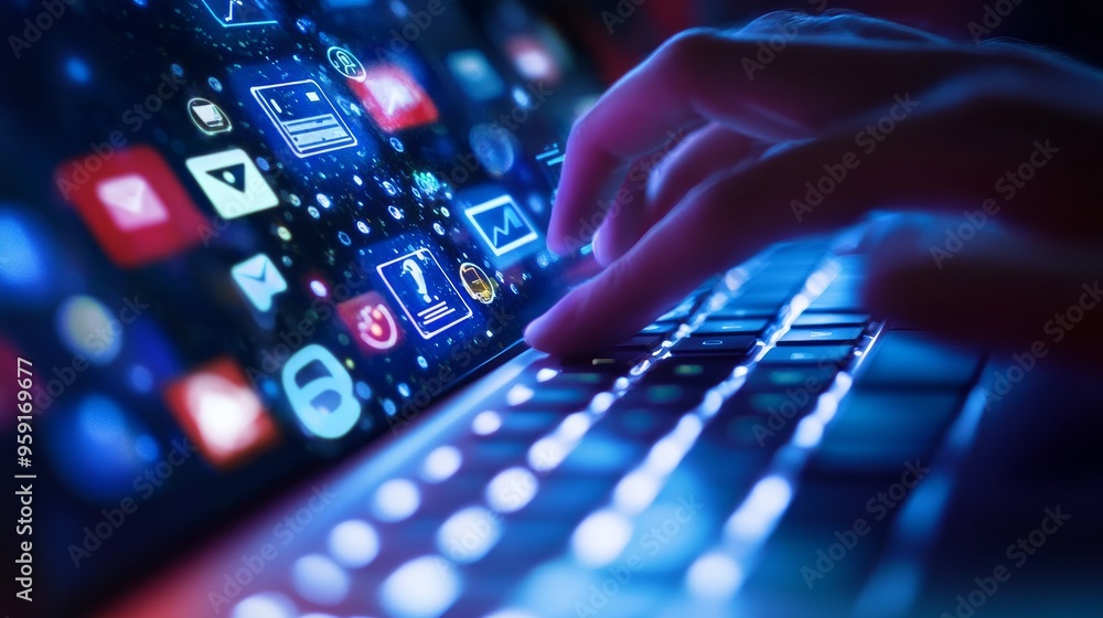 digital marketing symbols with the background of hands typing on a keyboard digital marketing symbols with the background of hands typing on a keyboard