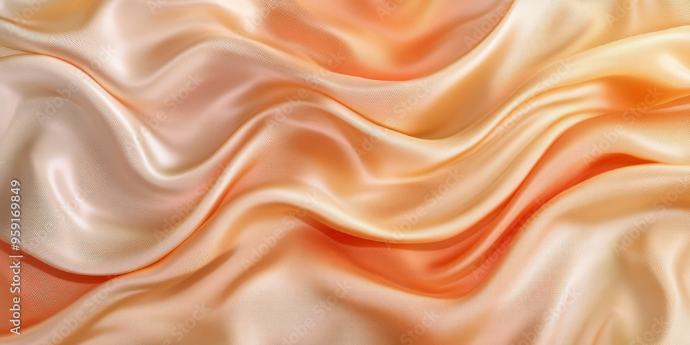 A chic abstract background with 3D wave-like silk fabric in gradient tones of coral to golden beige. The fabric’s smooth flow creates a warm, elegant atmosphere. A chic abstract background with 3D wave-like silk fabric in gradient tones of coral to golden beige. The fabric’s smooth flow creates a warm, elegant atmosphere.