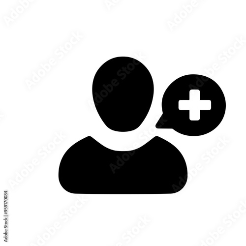 Patient icon. Customer icon with add, additional sign. Patient icon and new, plus, positive symbol. Patient, icon, new, customer, support, safety, retention, extra, join, more, plus