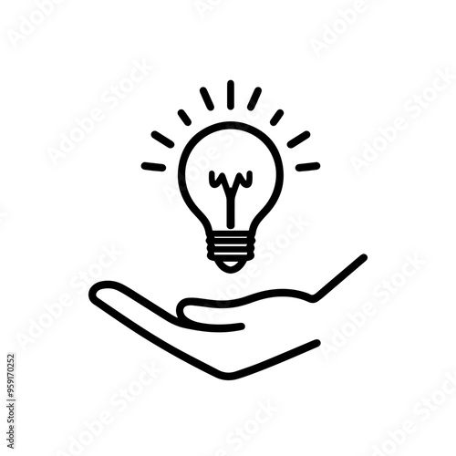 Hand holding light bulb. Smart idea icon isolated. Innovation, solution icon. Energy solutions. Power ideas concept. Electric lamp, technology invention. Human palm. Business inspiration.