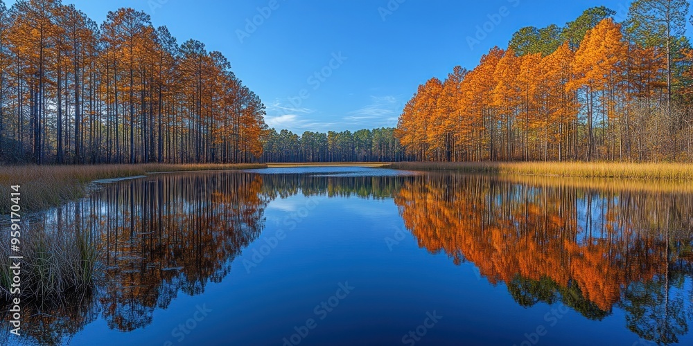 Naklejka premium Autumn Trees Reflected in a Still Lake