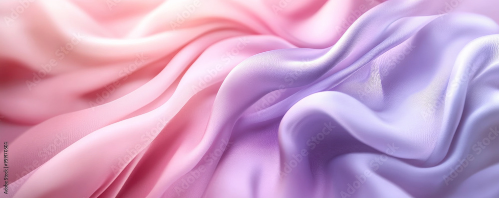 Fototapeta premium A serene abstract background with flowing 3D silk fabric in a gradient from soft lavender to pale pink. The fabric waves create a gentle, calming effect.