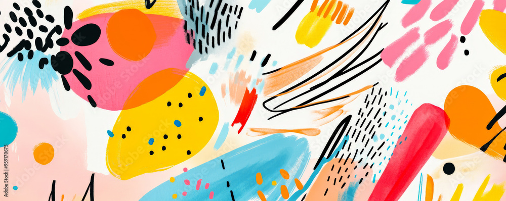 Abstract backdrop with a playful mix of bright, overlapping shapes and lines in various colors. The design is energetic and fun, with a childlike spontaneity that makes it perfect for creative spaces Abstract backdrop with a playful mix of bright, overlapping shapes and lines in various colors. The design is energetic and fun, with a childlike spontaneity that makes it perfect for creative spaces