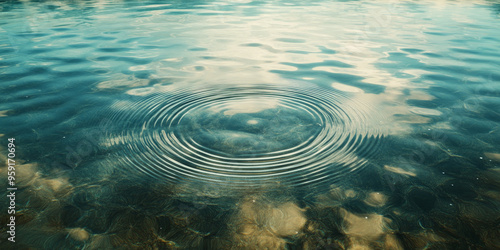 Clear, undisturbed water with subtle, circular ripples spreading from a central point. The water's surface is pristine, reflecting the sky and creating a harmonious, zen-like atmosphere. Perfect for