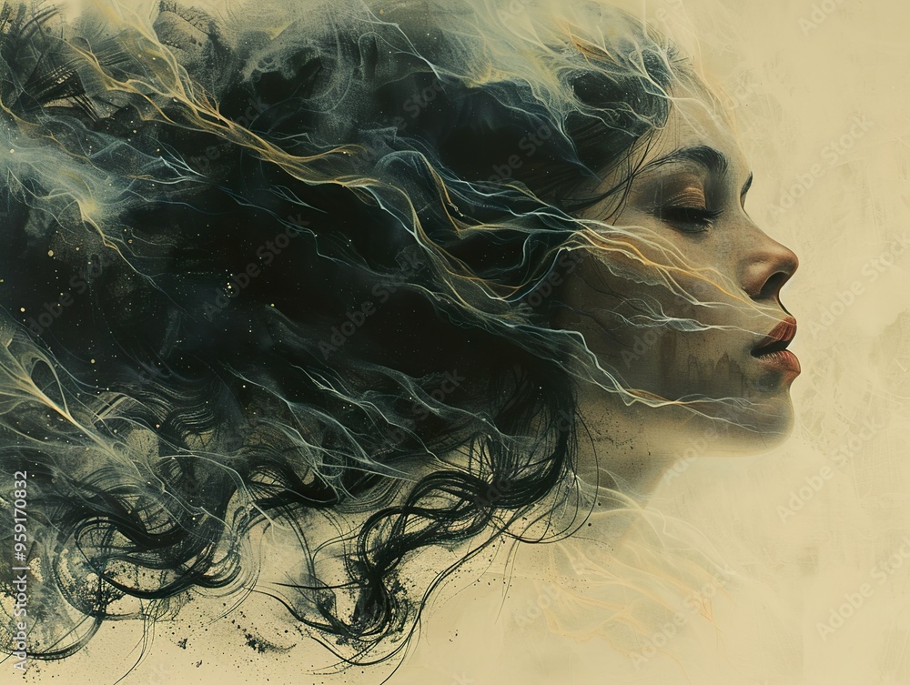 A woman's face is partially obscured by a swirling cloud of smoke, creating a dreamy and ethereal atmosphere. A woman's face is partially obscured by a swirling cloud of smoke, creating a dreamy and ethereal atmosphere.