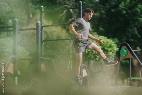 Fotografie Young man engaged in calisthenics at an outdoor park, demonstrating physical fitness and enjoying a workout in nature