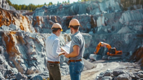 Workers in quarry looking at a plan on clipboard