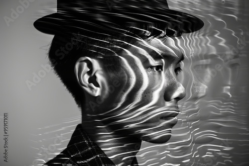 Captivating monochrome portrait with kaleidoscope lens effect for a unique visual experience photo