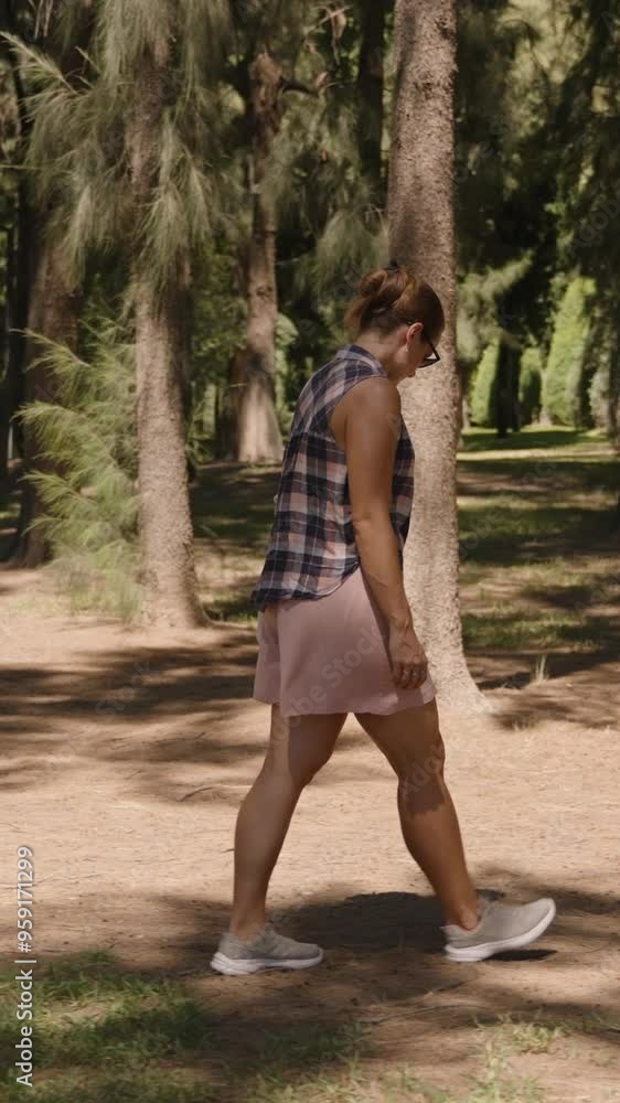 Vertical video. Woman walks in a Shady Forest, the ground dappled with Sunlight filtering through the Tall Trees. Slow motion. Vertical video. Woman walks in a Shady Forest, the ground dappled with Sunlight filtering through the Tall Trees. Slow motion.