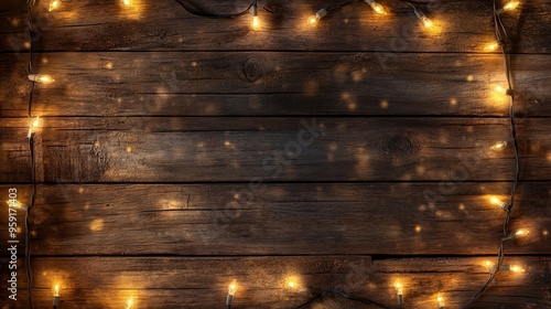 Warm decorative string lights on rustic wooden surface for festive ambiance