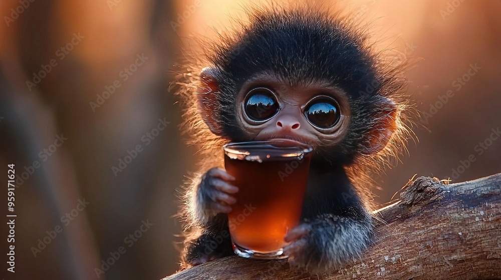 Fototapeta premium A monkey sits on a branch with a teacup in its hand, gazing at the camera