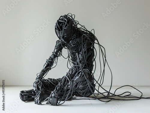 A sculpture of a human figure is entangled in a web of black cables. photo