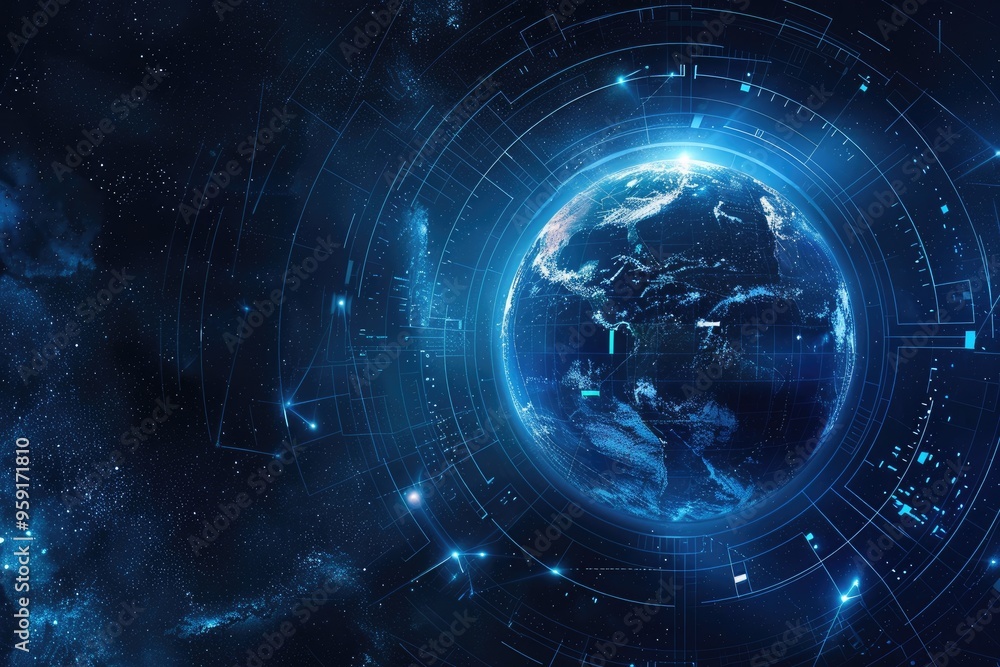 Obraz premium Digital Grid Over Earth in Deep Space