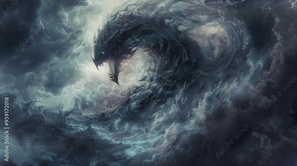 Fototapeta premium A dark, swirling cloud formation in the sky resembles a dragon's head with open mouth and sharp teeth, with a glimpse of the sun behind it.