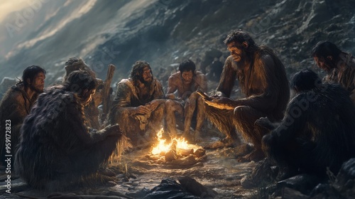 Primitive Society: Short-Statured Ape-like Men Gather Around a Fire with Stone Tools in a Wild, Untamed Environment photo