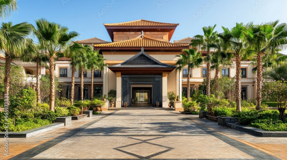 Asian-style entrance with palm trees, opulent exterior facade of opulent, exotic VIP hotel and restaurant building Asian-style entrance with palm trees, opulent exterior facade of opulent, exotic VIP hotel and restaurant building