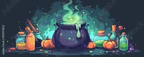 Witch's cauldron with potion ingredients around. Vector flat isolated.