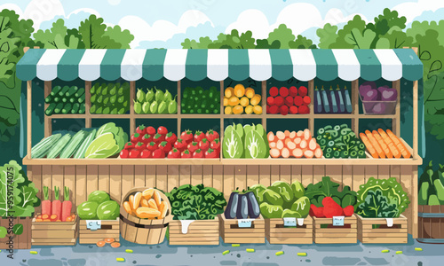 A flat vector of a farmerâ€™s market with produce.