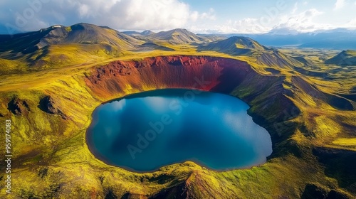 Ljotipollur Lake in the volcanic mountains of Landmannalaugar, Iceland's moon landscape with a red crater, and the breathtakingly picturesque highland scenery photo