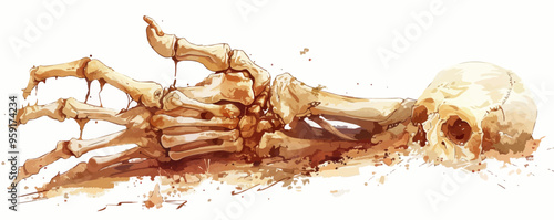 Skeleton hand coming out of the ground on a white background. Vector flat isolated.