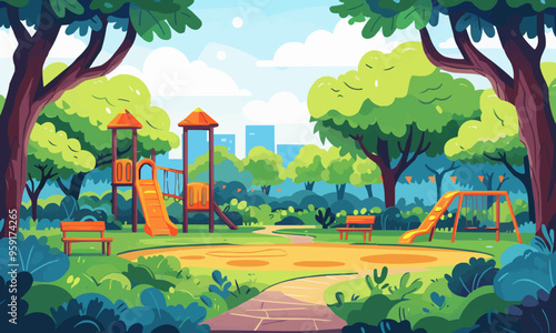 A flat vector of a park with a playground.
