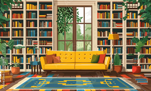 A flat vector of a library interior with bookshelves.