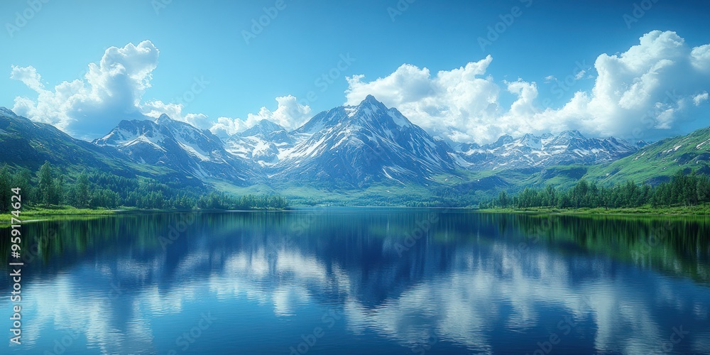 Naklejka premium Tranquil Mountain Lake with Snowy Peaks and Reflecting Clouds