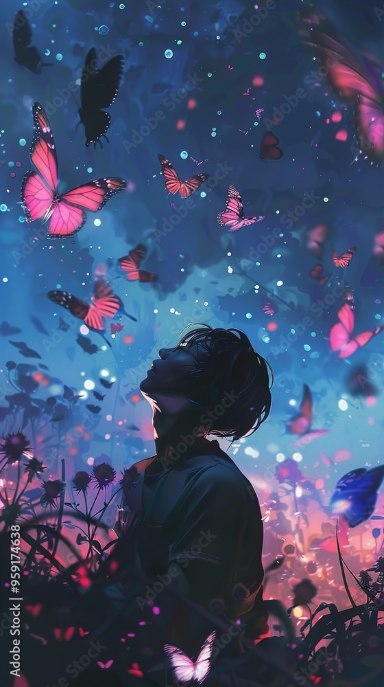 Dreamy Silhouette of a Man Surrounded by Glowing Butterflies Dreamy Silhouette of a Man Surrounded by Glowing Butterflies