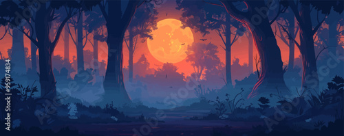 Spooky forest scene. Vector flat isolated.