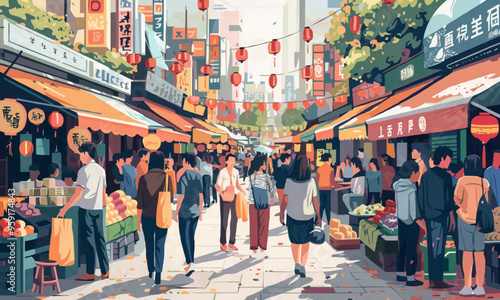 A flat vector of a bustling street market.