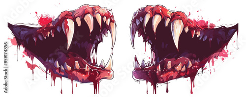 Pair of vampire fangs dripping blood on a white background. Vector flat isolated.