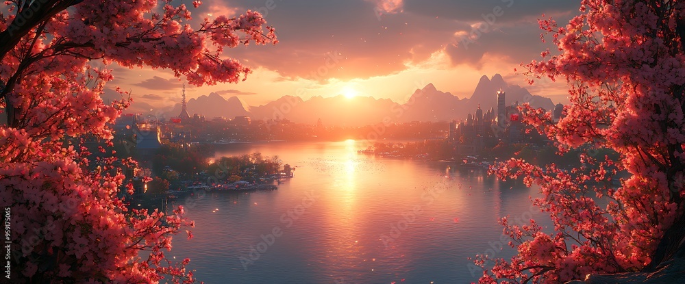 A serene sunset over a tranquil lake, framed by vibrant pink cherry blossoms. A serene sunset over a tranquil lake, framed by vibrant pink cherry blossoms.